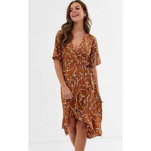 Influence Boho Wrap dress Brown & White modern pattern US 6